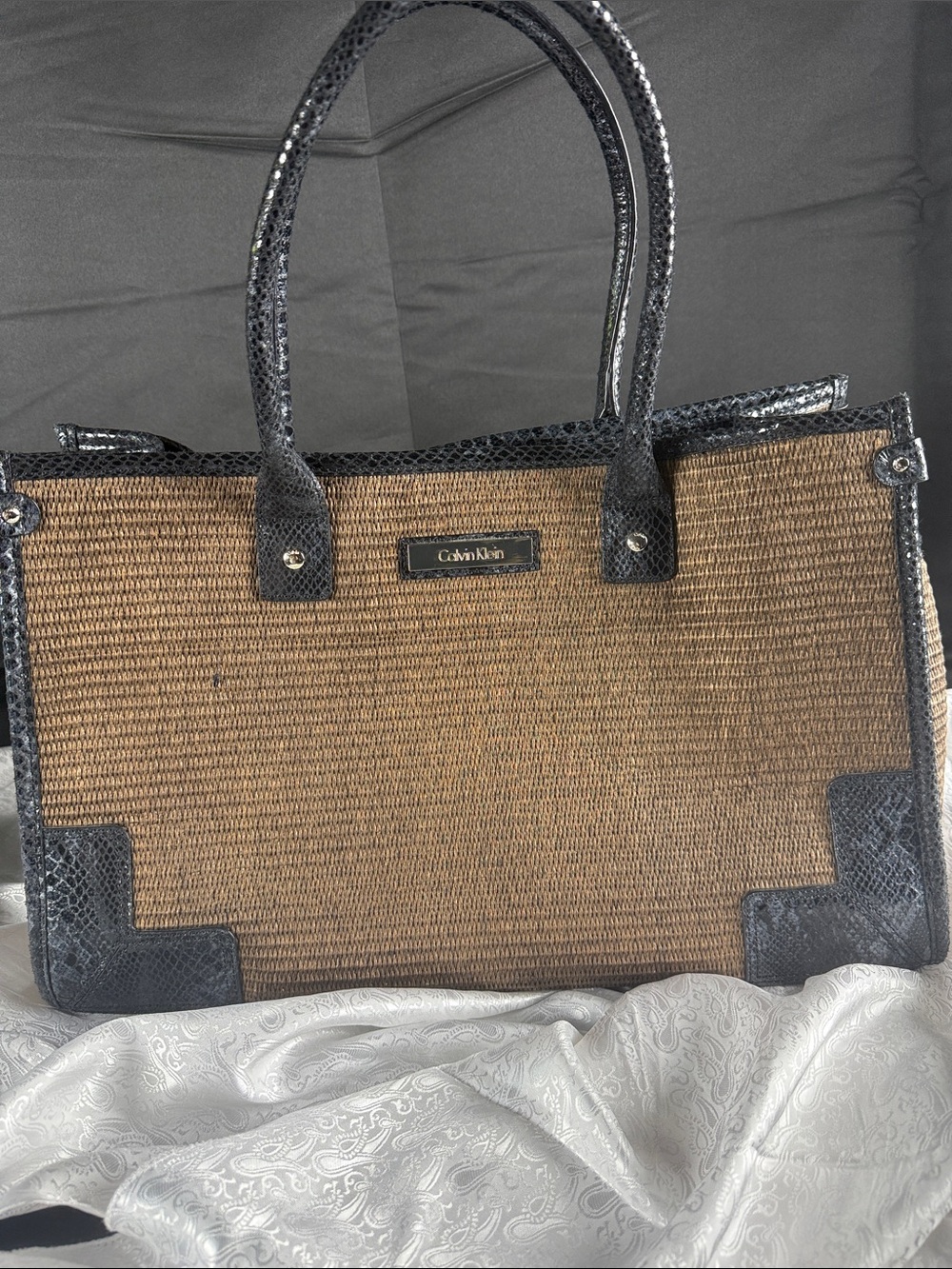 Calvin Klein Brown Straw Tote with Black Trim and Handles